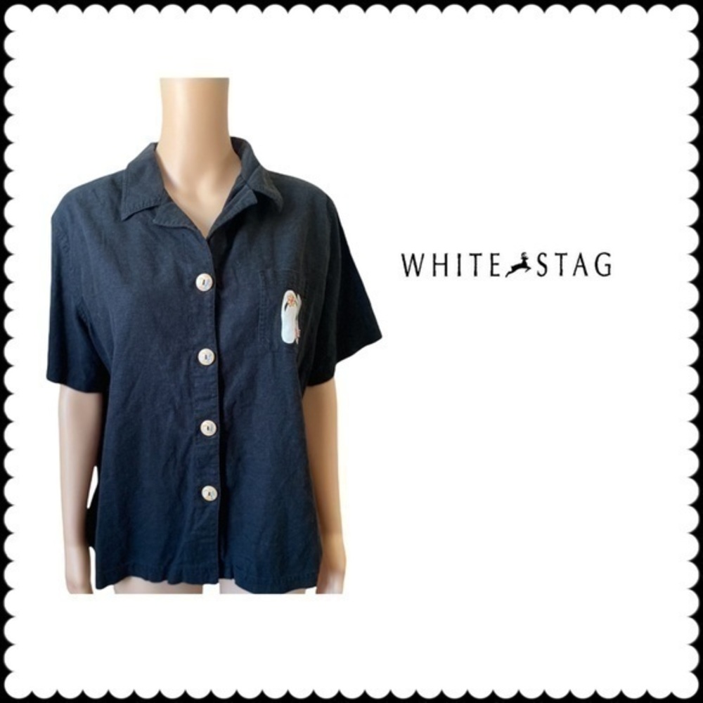 White Stag Women’s XL Black Linen Blend Button Doen Short Sleeve Blouse